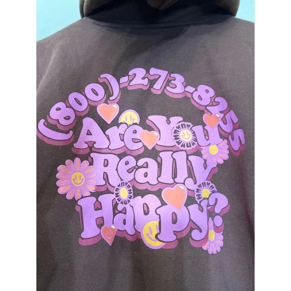 Euphoric 777‎ Brown Hoodie Are You Really Happy Graphic Sweatshirt Mens Medium